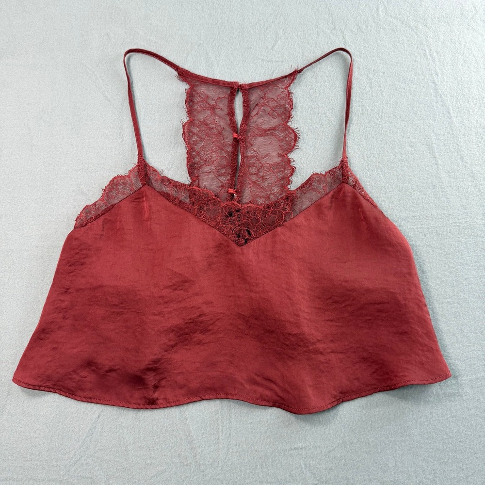 Free People Camisole Women Small Burgundy Lace Racerback Satin Top Date Night - Picture 2 of 6